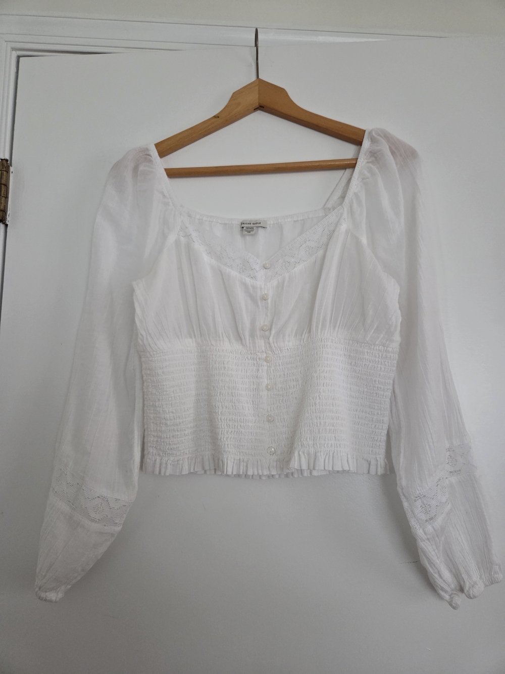Women's White Smocked Button-Front Peasant Top